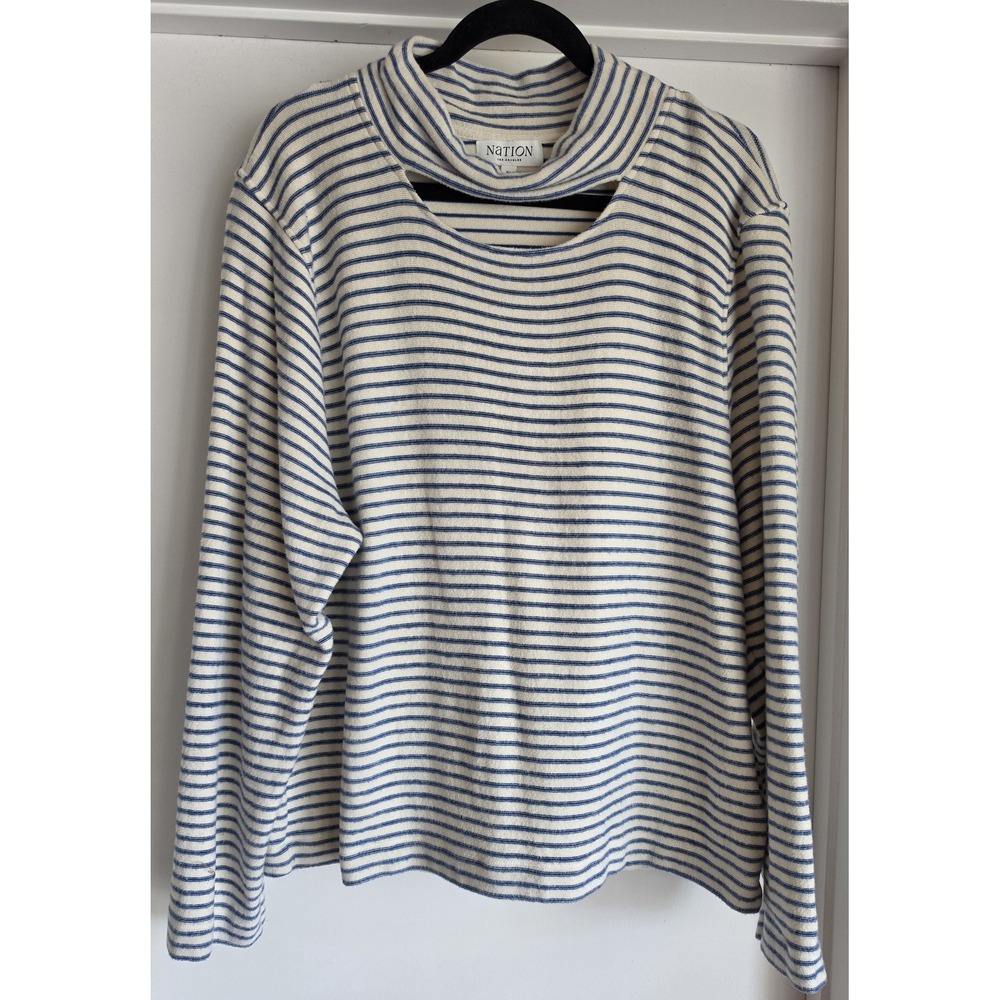 Nation Los Angeles Women's Striped Long Sleeve Top XL Blue White Cotton Nautical